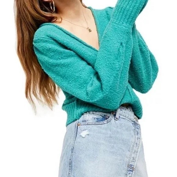 Free People Reverie Sweater Emerald Aura Green Statement Sleeves Size Small - Picture 7 of 14